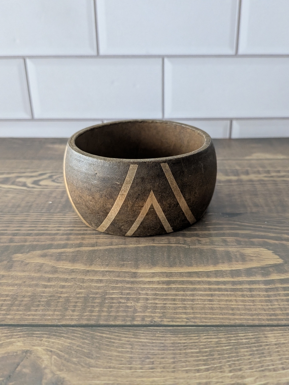 Vintage Handcrafted Dark Brown Wooden Bangle Bracelet with Geometric Inlay